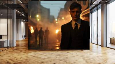 An Italian undercover agent wearing a black tuxedo and trench coat enters a dark and dangerous-looking alley. Wall mural