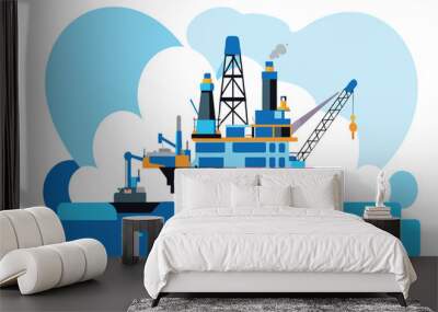 An oil rig and supply ship at sea under blue skies Wall mural