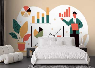 Animated character presenting statistical data with colorful charts Wall mural