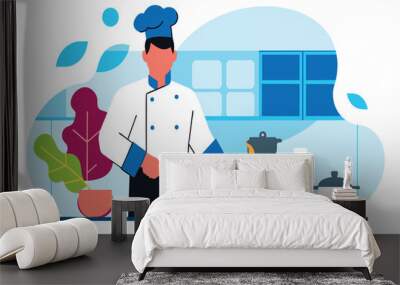 Chef in uniform cooking on stove with fresh ingredients Wall mural