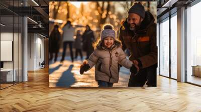 Happy family ice skating as weekend activity Wall mural