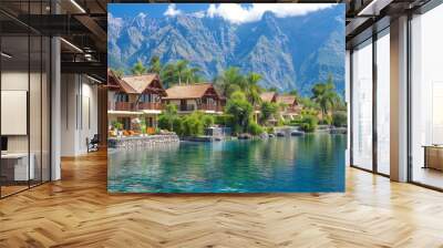 Luxurious tropical resort with mountain view and lush greenery Wall mural