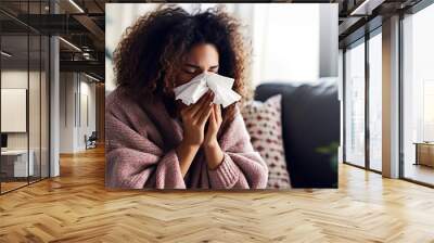 Sick woman blowing her nose on a cold winter day Wall mural