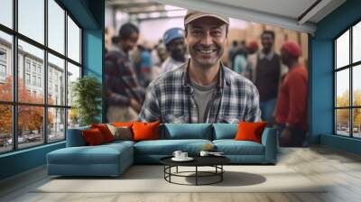 Smiling man holding a box in a charity organization Wall mural