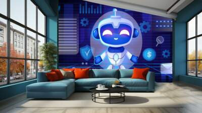 A smiling cartoon robot in a digital environment with cybersecurity and technology symbols, vector illustration on a dark, blue background, concept of digital security. Vector illustration Wall mural