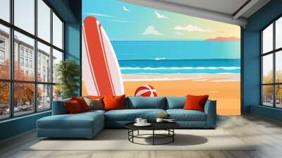 A surfboard and beach ball on a sandy beach with a calm ocean and sunset in the background. Seagulls fly in the sky with fluffy clouds. Concept of summer vacation. Vector illustration Wall mural