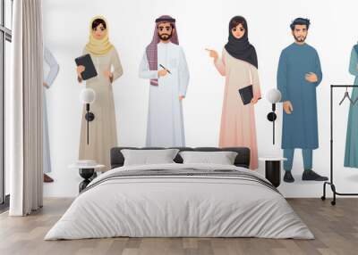 Arabian man and woman portrait full height, traditional muslim female and male character. Saudi national wear. Islamic young family. Beard and mustache. Family couple. Vector illustration Wall mural