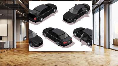 Black car in different isometric views isolated on white background. Black business sedan with open door and trunk. Side, front, rear view of executive automobile. Vector illustration Wall mural