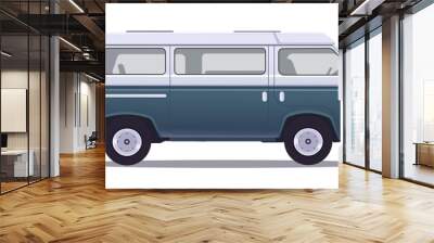 Blue and white camper van in a flat design style on a white background. Concept of travel and adventure. Vector illustration Wall mural