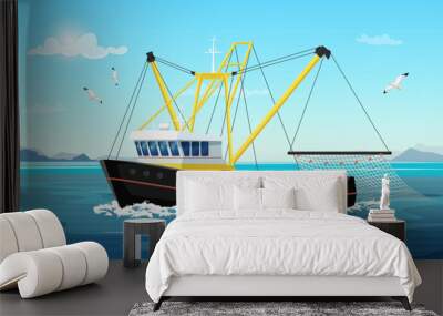 Commercial fishing ship with fish net under water. Fishing boat with yellow mast working in ocean catching by seine: tuna, herring, sardine, salmon. Industry vessel in seascape. Vector illustration Wall mural