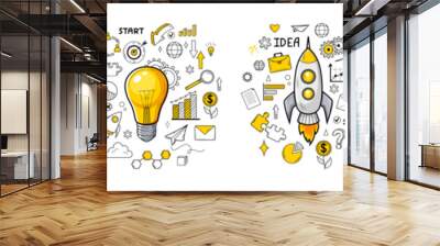 Creativity and innovation doodle icons collection. Hand drawn yellow color clip art. Good idea, business start up concept. Success management set of elements for finance growthing. Generative AI Wall mural