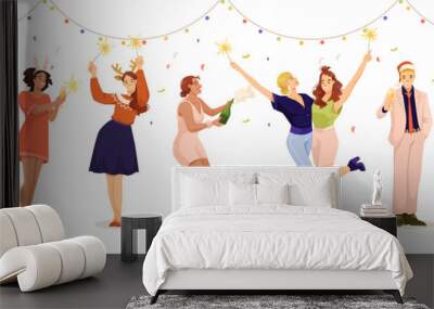 Group of people celebrating with drinks, festive attire, and sparklers, vector illustration on a white background, concept of a party or celebration. Vector illustration Wall mural