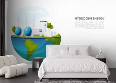 Hydrogen power station on half of globe. Green, clean and ecological energy production. Environmental, alternative resource. Renewable fuel. Industrial technology, modern windmill. Vector illustration Wall mural