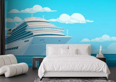 Illustration of a cruise ship on calm water, with a clear sky and clouds in the background. Concept of travel and vacations. Vector illustration Wall mural