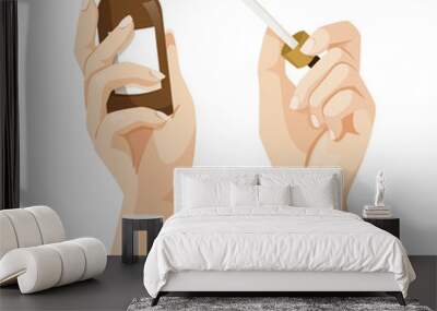 Illustration of hands holding a brown medicine bottle and a dropper on a white background. Concept of healthcare and medication. Vector illustration Wall mural