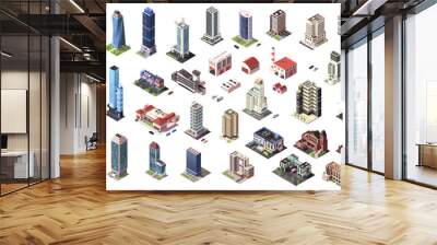 Isometric skyscrapers and city buildings big collection. Set of business office or commercial towers. City development in 3d. Finance cityscape architecture, elements shape of map. Vector illustration Wall mural