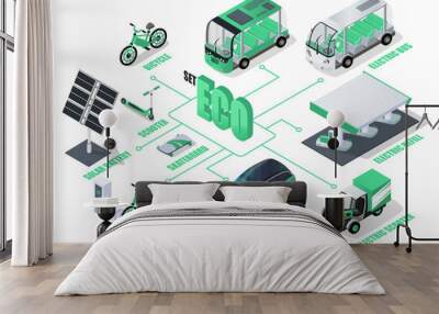 Isometric vector illustration of various electric vehicles and eco-friendly transportation options on a white background, showcasing sustainability. Vector illustration Wall mural