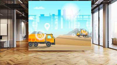 Modern building construction site with industrial trucks at work at cityscape. Urban construction digitalization and new technologies allow the use of an unmanned trucks. Vector illustration Wall mural