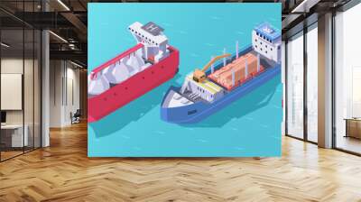 Ocean cargo transport ships isometric. Sea vessel type 3d. Logistic ship icons set. Marine cruise liner. Oil tanker export. Gas carrier import barge. Water shipment crane container vector illustration Wall mural