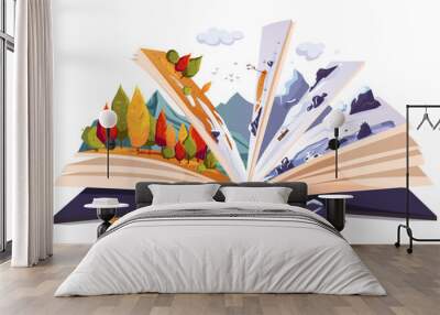 Open story book with autumn forest and snowy winter, adventure different off season on sides of pages. Frozen nature landscape in mountains, rocks. Read fairy tale about journey. Vector illustration Wall mural