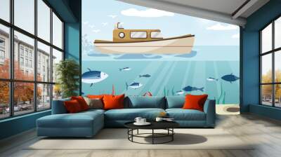 Private travel yacht in ocean with blue water. Cartoon sea boat and many different fish and crabs under water seabed. Underwater world with tuna, sardine, salmon in sandy seascape. Vector illustration Wall mural