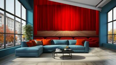 Red stage velvet curtain and wooden podium. Theater or opera scene drape backdrop in vintage style. Grand opening premiere backstage. Portiere for ceremony of awards performance. Vector illustration Wall mural