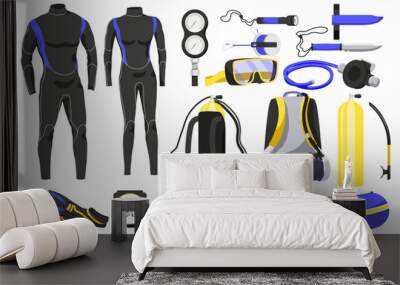 Scuba diving gear and accessories. Equipment for under water adventure. Wetsuit, scuba mask, snorkel, fins, oxygen tank with regulator dive icons. Underwater ocean and sea sport. Vector illustration Wall mural