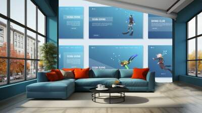 Scuba diving poster. Snorkeling set template isometric concept. Traveling, touristic, sport activity, summer underwater hobby landing page for web design. Extreme people, divers. Vector illustration Wall mural