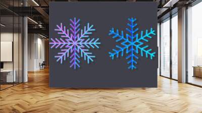 Set of colorful snowflakes shapes isolated on black background. Festival ornate decoration for christmass, happy new year party, celebration banner. Silhouette of frozen ice flake. Vector illustration Wall mural