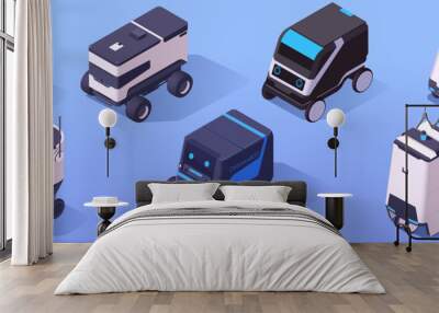 Set of cute realistic designed delivery robots. Collection of various types of modern vehicle objects helping in transportation in contemporary life. Isolated on blue background. Vector illustration Wall mural