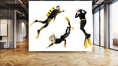 Set of divers characters illustration isolated on white background. People in diving mask, wetsuit gear, diver man and woman. Underwater activity snorkeling and swimming aqualung. Vector illustration Wall mural