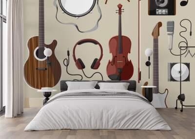 Set of isolated icons of musical instruments. Wooden bass guitar, violin and acoustic speaker. Electric instruments equipment for musician. Retro headphones and vinyl record. Flat Vector Illustration Wall mural