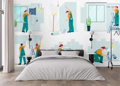 Set of professional repair service worker in green unifom make renovation in house. Repairman fix electricity, water pipe, washing machine, conditioner, glue wallpaper, paint wall. Vector illustration Wall mural