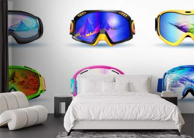 Set of ski goggles masks for skier or snowboarder isolated on a white background. Winter sport realistic design banner with colorful eyeglass equipment. Mountains in mirror glass. Vector illustration Wall mural