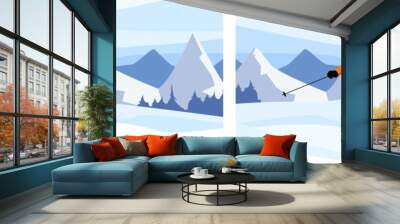 Set of skiers in snowy mountains. Winter sports activities on skis in country cross. Ski resort landscape with Alps rocks on background. Man and woman healthy and sporty lifestyle. Vector illustration Wall mural