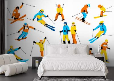 Set of skiers isolated on white background. Family winter trip in mountains. Ski actions: downhill, slalom, freeride, ski jumping, freestyle. Skiing in winter Alps. Vector illustration Wall mural