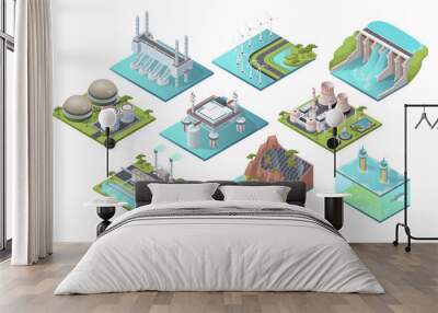 Set of various energy stations. Collection of nuclear, geothermal, hydroelectric, biomass, hydrogen, wave and tidal power. Isolated on white background. Isometric vector illustraiton Wall mural