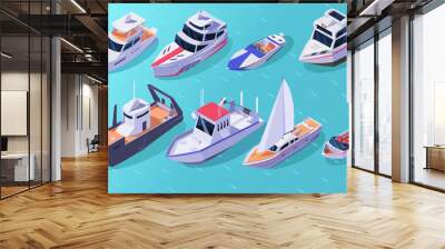 Set of yachts isometric icons. Types of travel ships. Luxury marine cruise boats. Yachting 3d vessel. Fishing sea cruise collection. Tourism water transport for river or lake. Vector illustration Wall mural