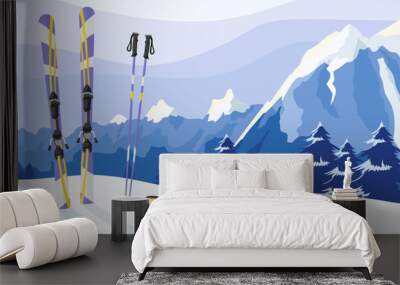 Ski equipment banner with snowy Alps peaks landscape on background. Purple yellow colors of skis, ski poles and goggle mask at snow. Ski resort poster with top of mountains hills. Vector illustration Wall mural