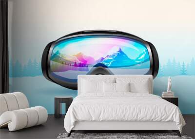 sport winter landscape banner with ski face mask on snow. mountain landscape, colorful sky in reflec Wall mural