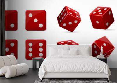 Straight and turned vegas casino red dice in row. One to six position cube. Take chance. Gambling addiction, risky money, lucky game. Isolated on white background. Vector illustration Wall mural