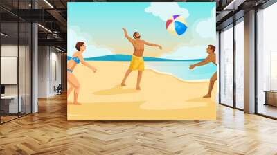 Three people playing beach volleyball with a colorful ball on a sunny beach. Vector illustration Wall mural