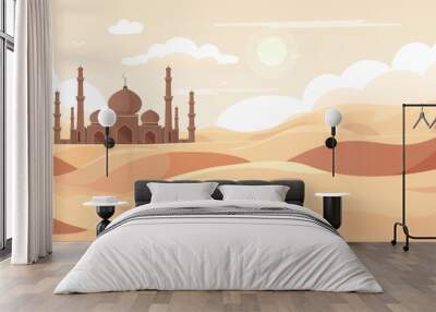 Traditional arabian mosque in sand dune desert. Sunrise in Sahara. Islamic muslim temple, traveling and pilgrimage across middle east. Scenic landscape. Vector illustration Wall mural