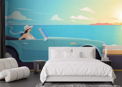 Woman driving a blue convertible along seaside road at sunset. Scene is depicted in flat, colorful graphic style with calm ocean background. Concept of travel, freedom, adventure. Vector illustration Wall mural