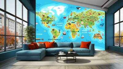 World map with sight, animals, landmarks. Global atlas for children, travel around planet. Continents of America, Australia, Africa, Europe, Asia, Antarctica. Vector illustration Wall mural