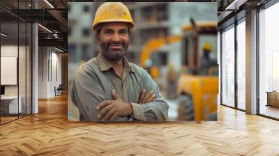 A man in a hard hat with arms crossed at a construction site Wall mural