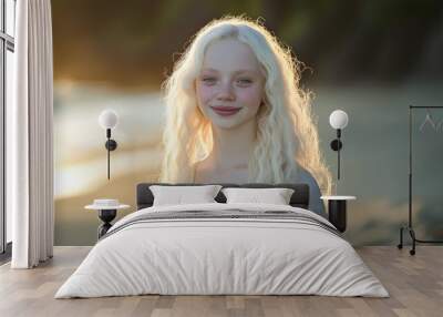 Albino Pacific Islander Teenage Girl with Long Curly Hair Smiling on Beach at Sunset Stock Photography for Diverse Portraits Wall mural