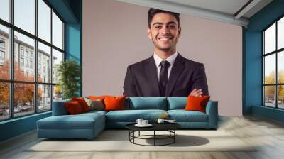 Confident Young Pakistani Businessman Standing with Arms Crossed in Formal Suit, Professional Business Headshot Wall mural