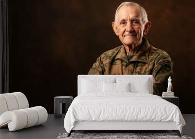 Proud Elderly Southern European Male Soldier in Military Uniform, Arms Crossed, Studio Background, Suitable for Military and Historical Contexts Wall mural