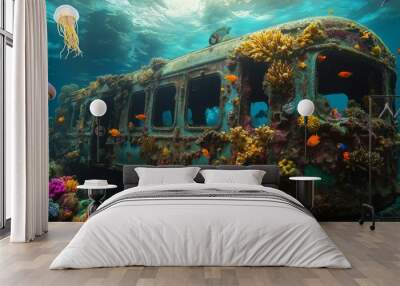 Sunken Subway Carturned Coral Reef with Marine Life Diversity, Underwater Photography for Conservation Awareness and Environmental Design Wall mural